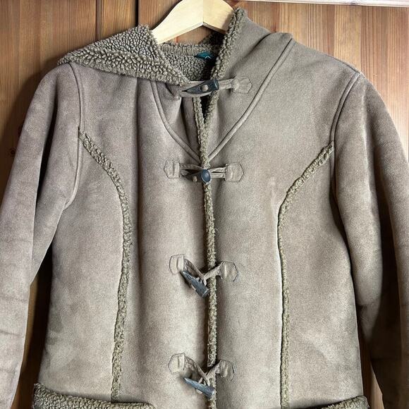Vintage L.L. Bean Sherpa Lined Suede Toggle Coat Women’s Small Hooded Brown Barn - Picture 2 of 10